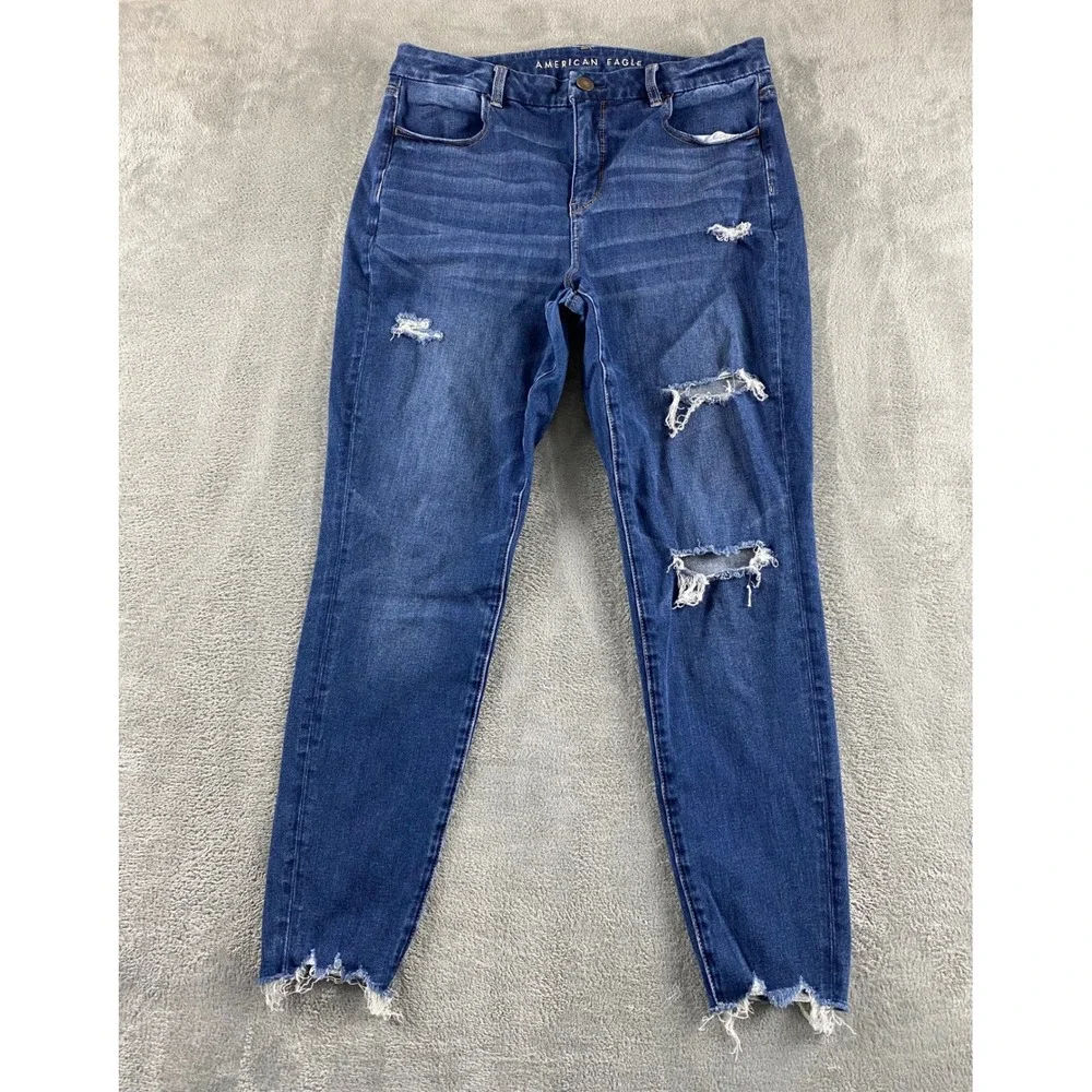 American Eagle The Dream Jean Women's Size 14 Distressed Skinny Dark Wash Denim